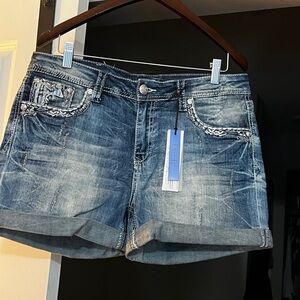 Grace in LA Distressed Rolled Hem Denim Shorts - Blue